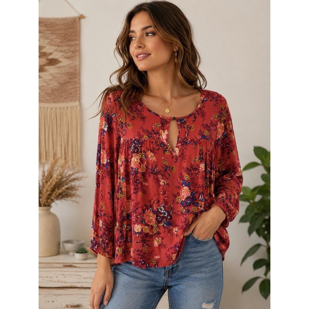 American Eagle Floral Boho Peasant Top Small Coral Pink Keyhole Long Sleeve